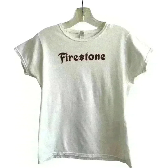 Firestone Women's Size LRG White Logo T-Shirt Gildan Brand Cap Sleeve - Picture 2 of 9